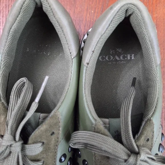 Coach Leather Olive Green Studded Sneakers Moonlight Olive womens size 8.5 EUC - Picture 9 of 14